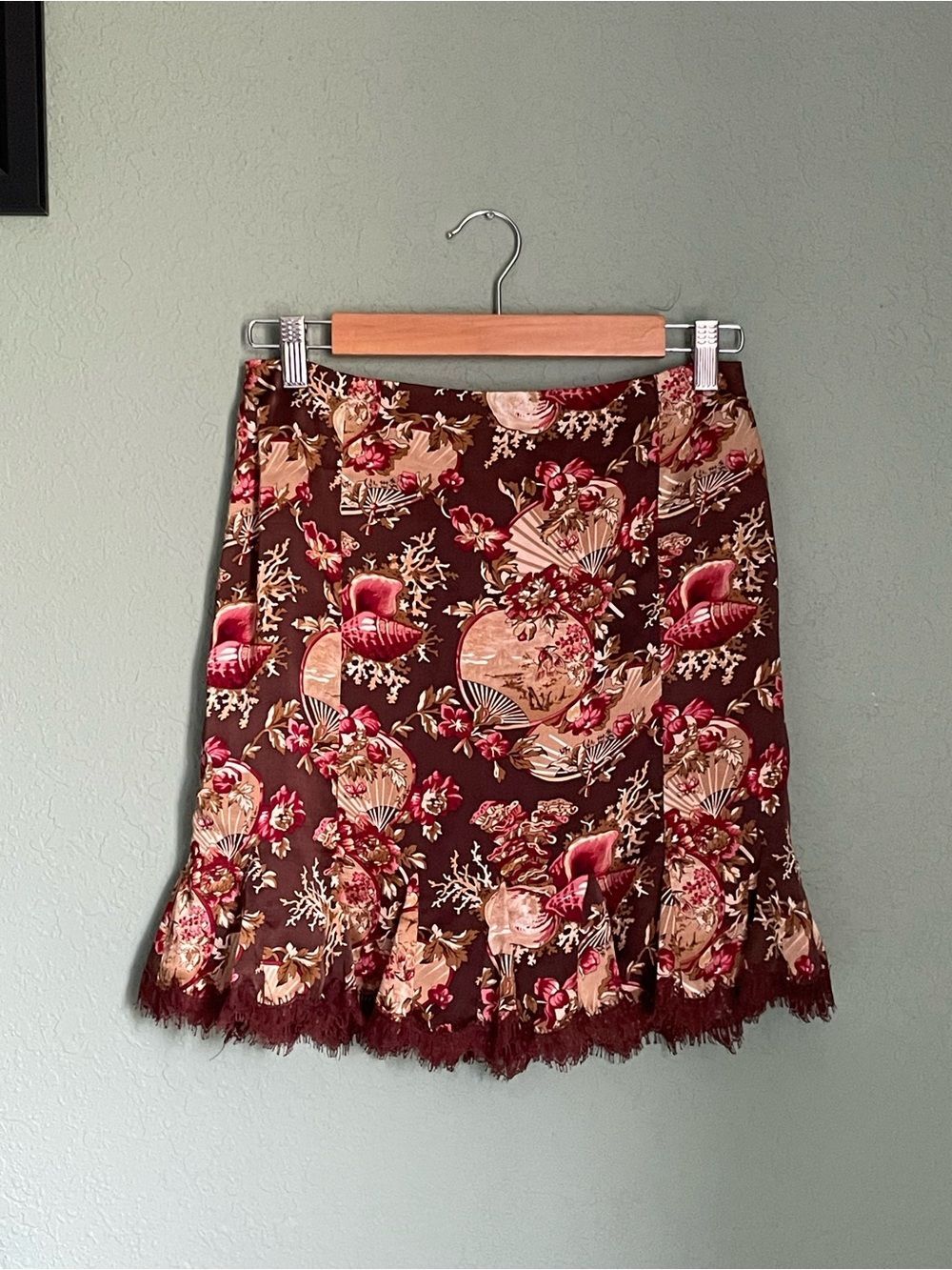 Silk Whimsigoth Coastal Toile Skirt Lace Trim Shell Fan Print Mini Skirt Size M